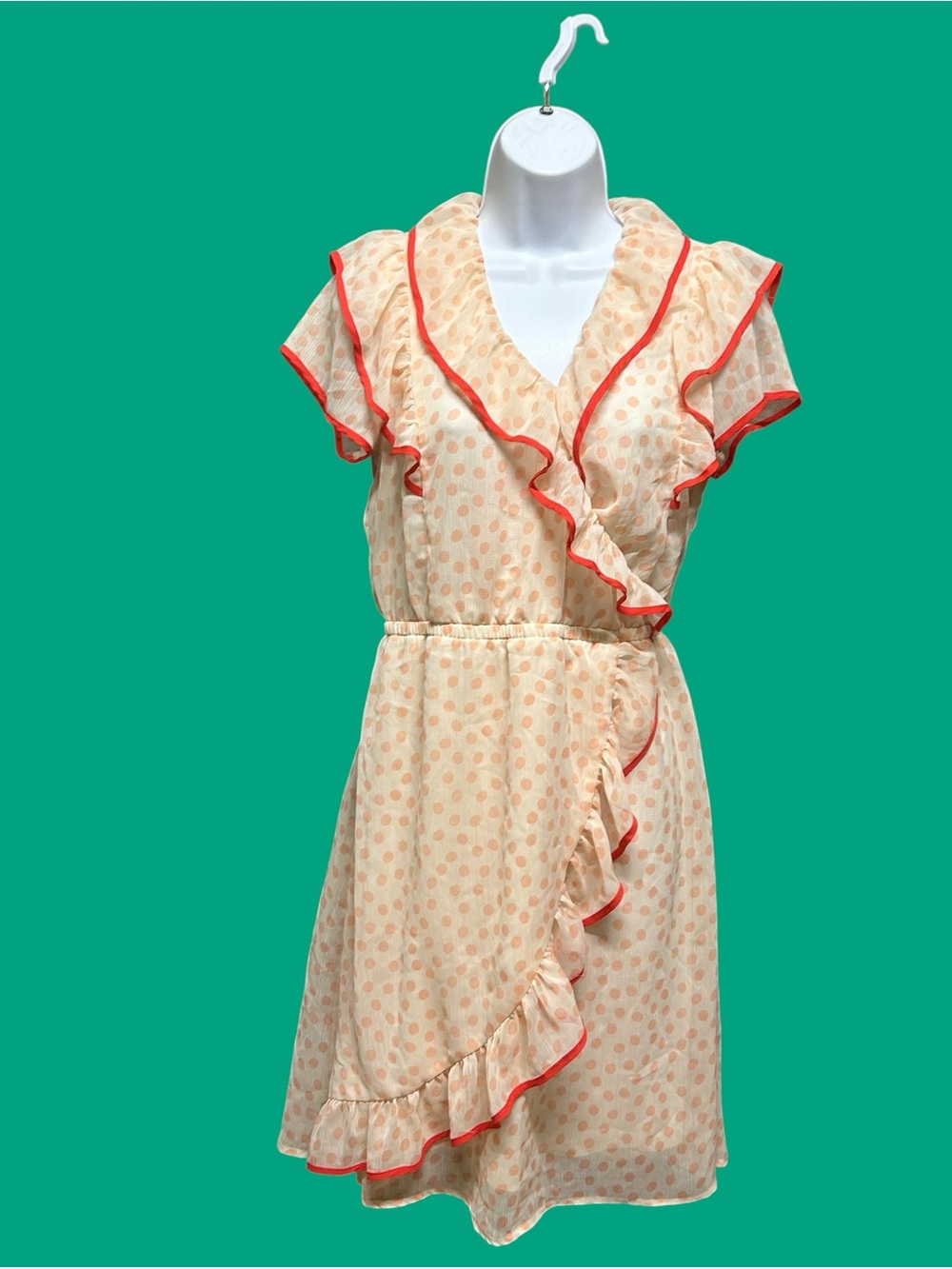 Vintage Style DownEast Ruffled Polka Dot Wrap Dress Cream Red Trim M Rockabilly